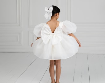 Elfenbein Blumenmädchen Kleid, Big Bow Organza Kleid, 1. Geburtstag Outfit, Kleinkind Party Kleid, Erstkommunion Kleid, Puffärmel Mädchen Kleid