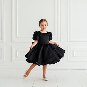 Black Satin Big Bow Girl Dress, Fancy Toddler Outfit, Flower Girl V-back Gown