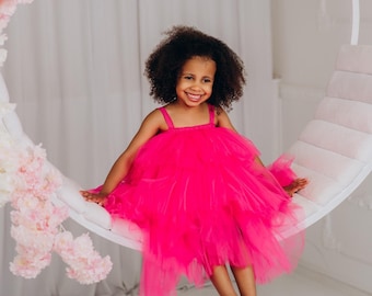 Vestido de tul rosa fucsia para niña, vestido tutú para niña de las flores, vestido rosa para niña pequeña, vestido de cumpleaños para bebé, vestido elegante para niña pequeña para sesión de fotos