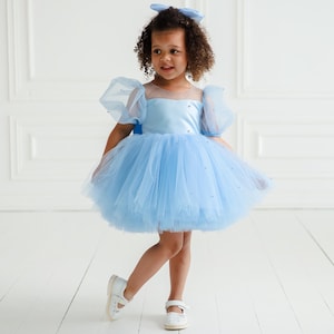 Blue Satin and Tulle Dress for Girls, Beaded Formal Toddler Gown, Puffy Birthday Dress, Elegant Communion Outfit, Flower Girl Ceremony Look