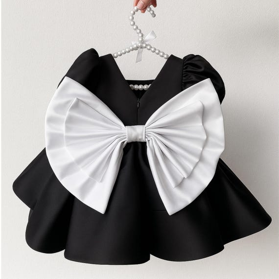 Black Satin Flower Girl Dress with Big Bow and V Back, Elegant Toddler Wedding and Party Dress