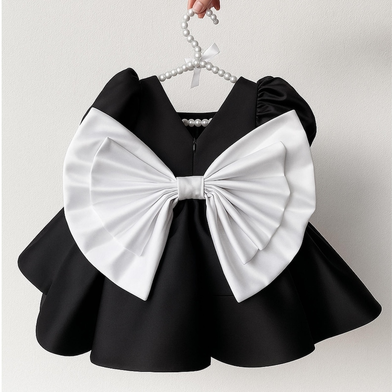 Vestido de daminha de honra em cetim preto com laço grande e decote em V nas costas, elegante vestido infantil para casamento e festa. Black with white bow
