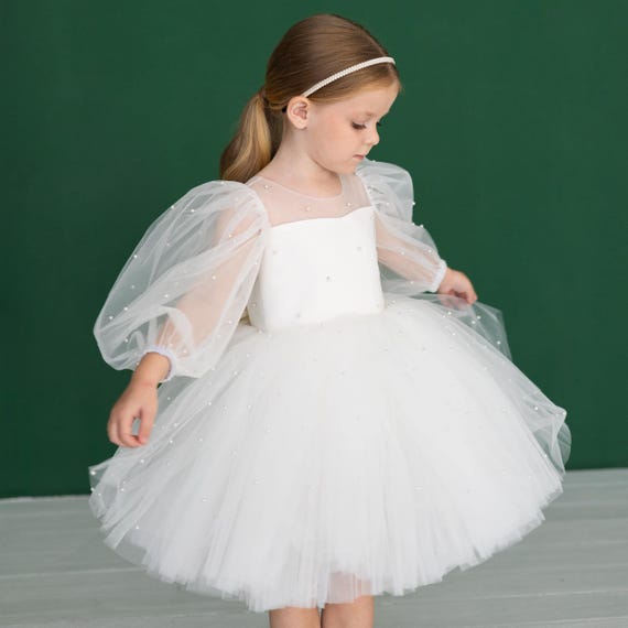Ivory Flower Dress With Pearls Girl Tulle Beaded Dress White Beaded Flower Girl Gown White Elegant Dress Birthday Girl First Communion Dress