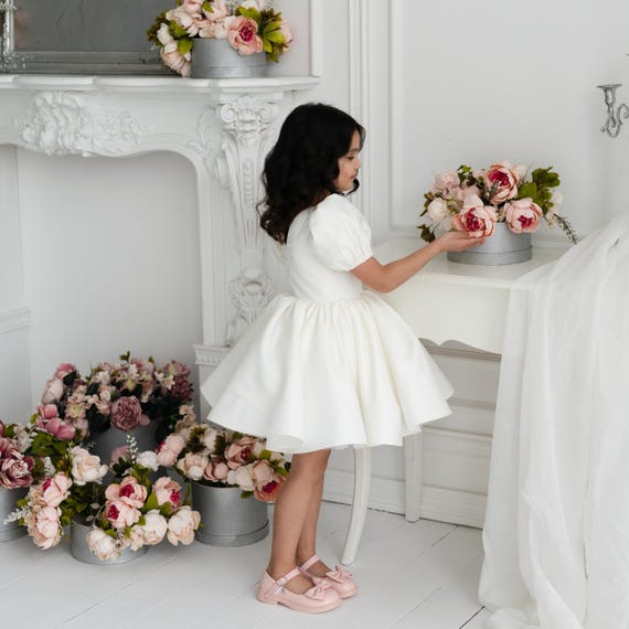Ivory Flower Girl Dress Pearls, Wedding Dress for Baby and Toddler, White Satin Girl Dress, Elegant Girl Dress, V-back Girl Dress