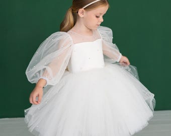 Tutu Flower Girl Dress for Toddler, Pearl Birthday Dress, First Birthday Outfit, Princess Tulle Party Dress