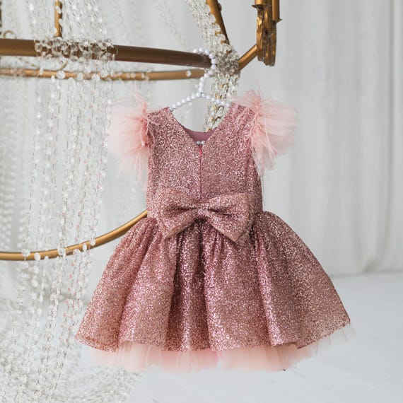 pink glitter bow dress Blush Tulle Birthday With Feathers and Big Bow, Toddler Party and Flower Girl Outfit RQ8247