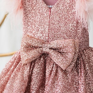 Blush Sparkle Feather Dress, Glitter Birthday Dress for Girls, Pink Tulle Dress with Bow, Party Princess Outfit, Wedding Dress
