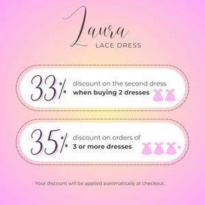 The image is an advertisement for a clothing brand called "Zara Lace Dress". It features two different discounts offered by the brand, with the first discount being 33% off on the second dress when buying two dresses, and the second discount being 35% off on orders of 3 or more dresses. The text indicates that the discount will be applied automatically at checkout.