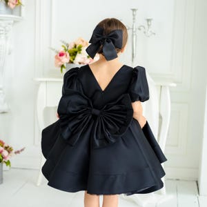 Black Satin Big Bow Girl Dress, Fancy Toddler Outfit, Flower Girl V-back Gown