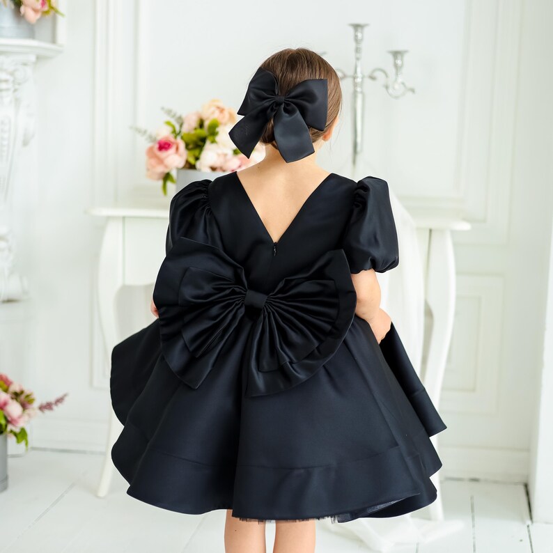 Black Satin Big Bow Girl Dress, Fancy Toddler Outfit, Flower Girl V-back Gown