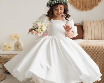 Ivory Satin Flower Girl Dress with Pearls, Puffy Sleeves Wedding Toddler Dress, Elegant Communion Baby Girl Gown