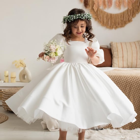 ivory satin flower girl dress with Pearls, Puffy Sleeves Wedding Toddler Dress, Elegant Communion Baby Girl Gown Salable