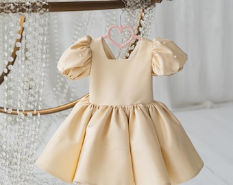 cream toddler dress Flower Girl Dress, Ivory Satin Baby for Wedding, Dress With Short Sleeves, Champagne Princess Dress, Baptism Outfit family photoshoots Dresses Fall Winter 2024/25 Hearts