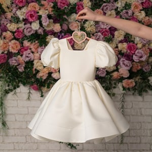 Flower Girl Dress with Pearls, Wedding girl Dress, Satin Flower Girl Dress, Elegant girl Dress, Ivory girl dress, V-back Birthday baby Dress
