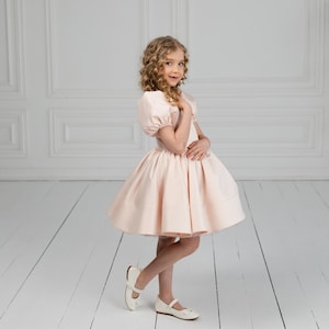 Blush Flower Girl Dress with pearls, Satin Flower Girl Dress, Elegant girl Dress, Toddler Party dress, Fancy Birthday outfit, Elegant gown