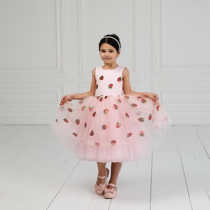 Roze aardbeientulejurk, bloemenmeisjesjurk, roze elegante aardbeienmeisjesjurk, outfit eerste verjaardag, grote strik roze tutujurk, fancy