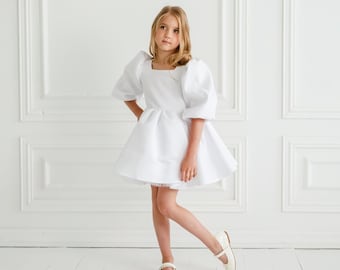 White Flower Girl Dress Puffy Sleeve Flower Girl Dress, Modern White Toddler Dress, Satin Birthday Dress Girl, Elegant First Communion Dress