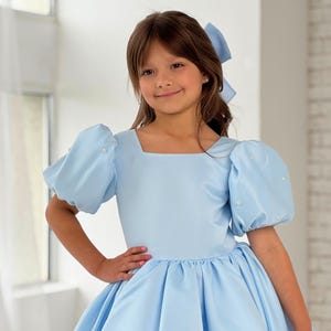 Blue Flower Girl Dress with Pearls, Birthday girl Dress, Satin Baby Girl Dress, Elegant girl Dress, Fancy Toddler 1st Birthday baby Dress