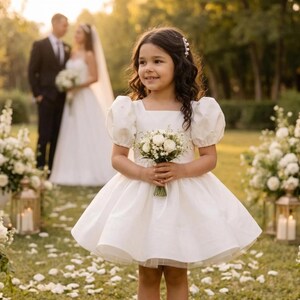 Ivory Pearl Flower Girl Dress, First Birthday Dress, Special Occasion Dress, Fancy satin Girl Dress, Party Toddler Dress Elegant Satin Dress
