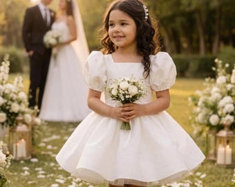 Ivory Pearl Flower Girl Dress, First Birthday Dress, Special Occasion Dress, Fancy satin Girl Dress, Party Toddler Dress Elegant Satin Dress