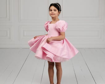 Pink Flower Girl Dress, Pink Satin Girl Dress, Elegant girl Dress, 1st Birthday Baby dress, Toddler Party Dress, Girl Graduation Outfit