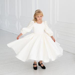 Ivory Flower Girl Dress | Long Sleeve Satin Dress | Holy Communion Outfit | Classic Wedding Dress