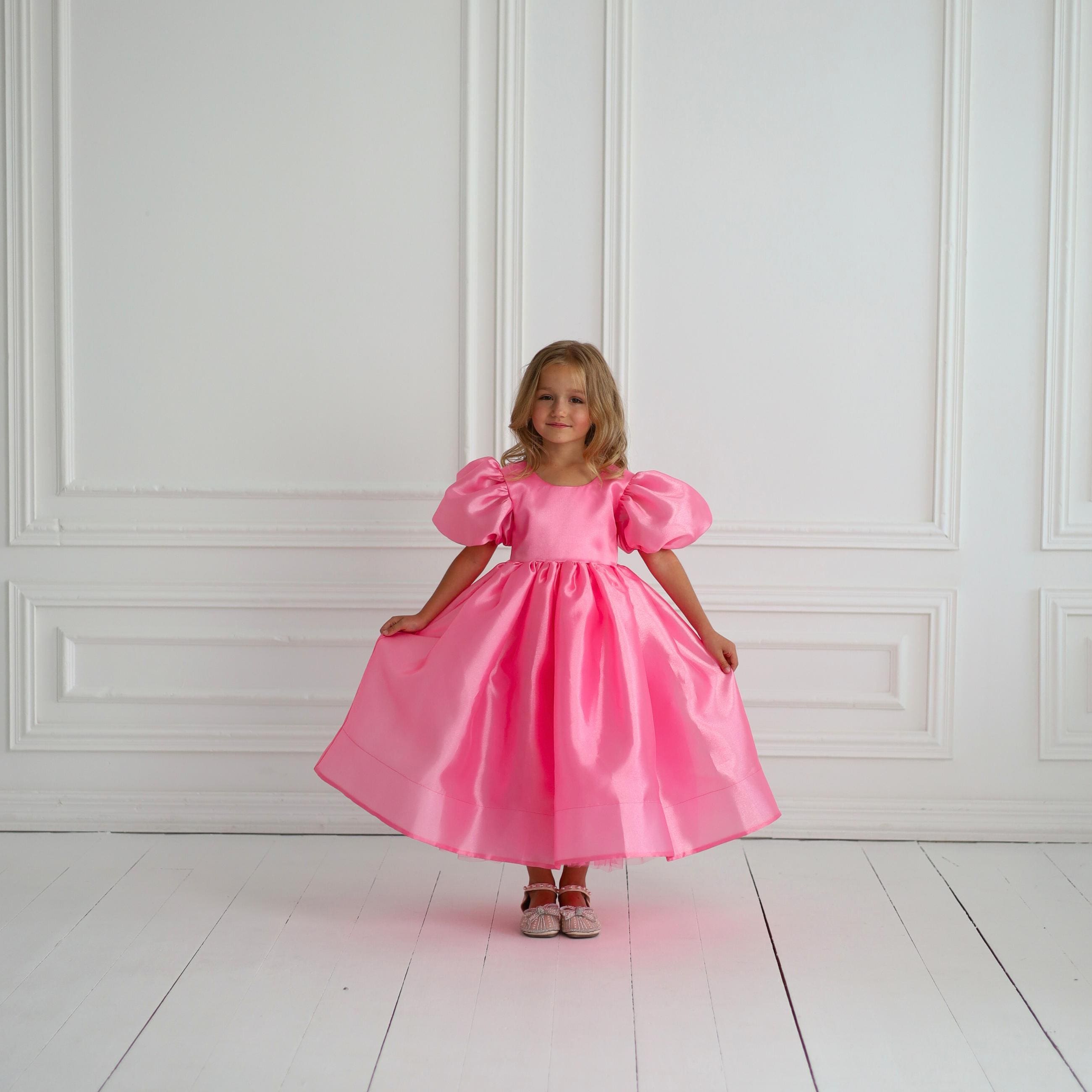 Pink Shiny Organza Girl Dress, Pink Flower Girl Dress, Puffy Sleeve Birthday  Dress, Toddler Party Dress, 1st Birthday Outfit Open Back Dress - Etsy