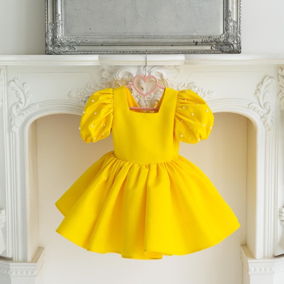 Yellow Satin Girl Dress with Pearl on Sleeves Satin Flower Girl Dress Elegant Girl Dress Yellow Girl Dress Birthday Baby Toddler Party Dress