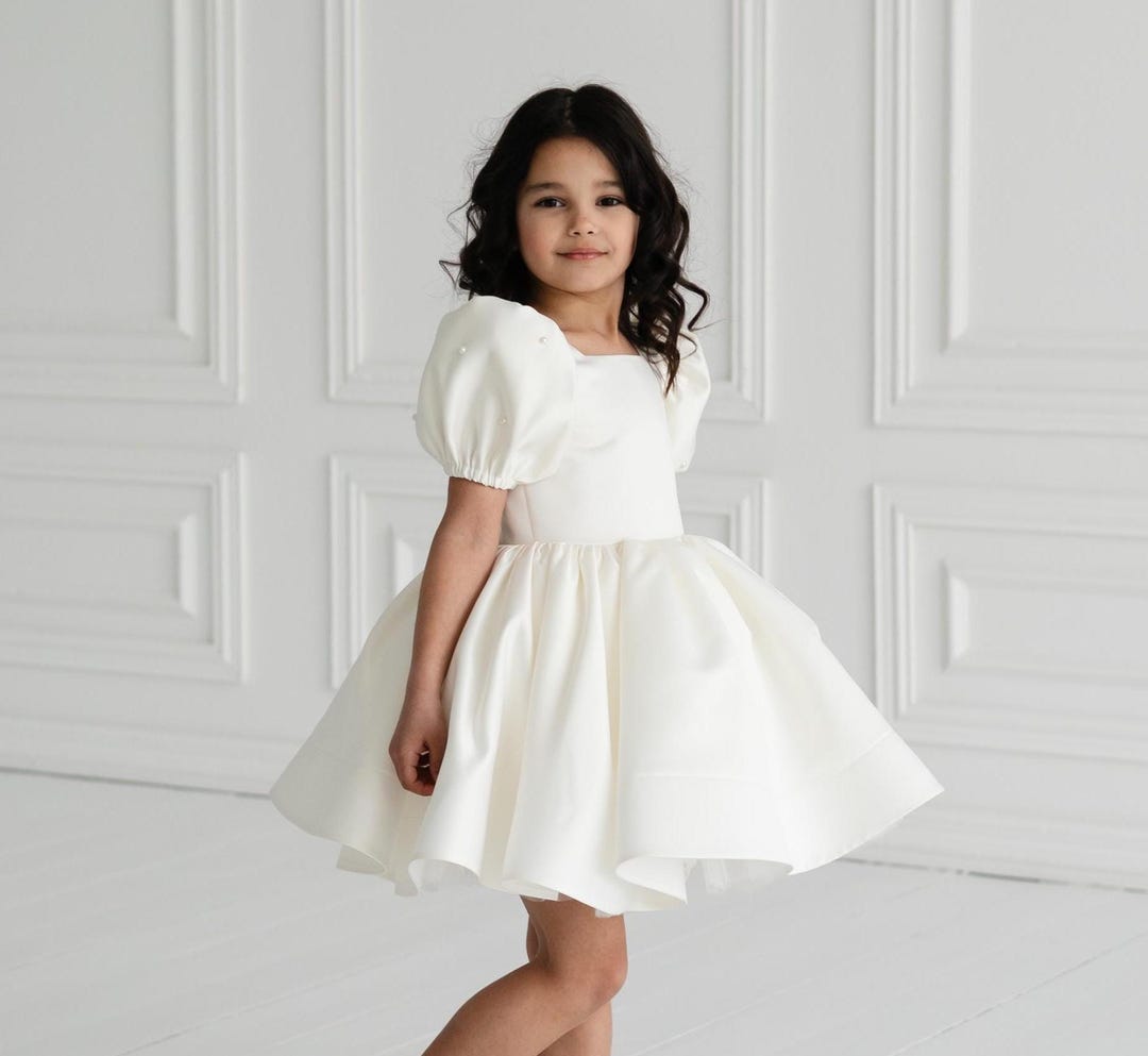 Flower Girl Dress with Pearls, 1st Birthday Outfit, Fancy Toddler Dress, Elegant Girl Dress, Princess Girl Dress, White Girl Birthday Outfit