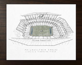 Puede incluir: Ilustración arquitectónica del Lincoln Financial Field, hogar de los Philadelphia Eagles. El estadio se representa en una vista detallada desde arriba, con un campo verde y zonas de anotación azules. El texto incluye "Philadelphia Eagles" y "Lincoln Financial Field."