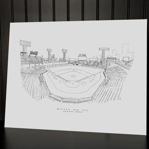 Puede incluir: Boceto en blanco y negro del Fenway Park, sede de los Boston Red Sox, con el texto "BOSTON RED SOX FENWAY PARK" en la parte inferior. El dibujo representa el campo de b&eacute;isbol, las gradas y las luces del estadio.