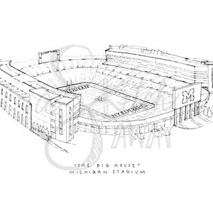 Puede incluir: Boceto en blanco y negro del estadio de Michigan, tambi&eacute;n conocido como "The Big House". El dibujo muestra el exterior del estadio, el campo y la palabra "MICHIGAN". El nombre y el apodo del estadio est&aacute;n escritos debajo.