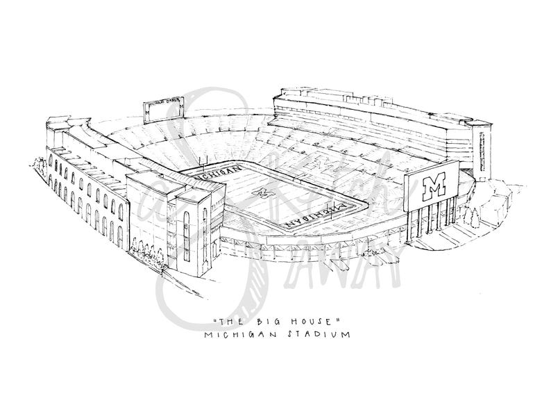 Puede incluir: Boceto en blanco y negro del estadio de Michigan, tambi&eacute;n conocido como "The Big House". El dibujo muestra el exterior del estadio, el campo y la palabra "MICHIGAN". El nombre y el apodo del estadio est&aacute;n escritos debajo.