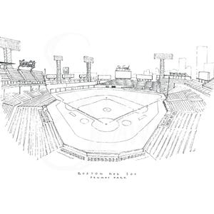 Puede incluir: Dibujo lineal en blanco y negro del Fenway Park, hogar de los Medias Rojas de Boston. La imagen muestra el campo de b&eacute;isbol, las gradas y las vallas publicitarias. El texto "BOSTON RED SOX FENWAY PARK" est&aacute; en la parte inferior.