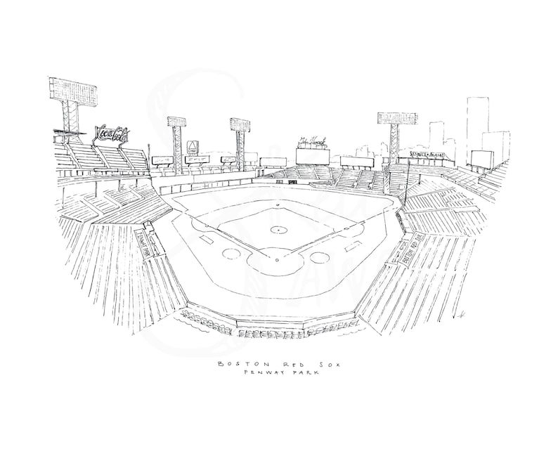 Puede incluir: Dibujo lineal en blanco y negro del Fenway Park, hogar de los Medias Rojas de Boston. La imagen muestra el campo de b&eacute;isbol, las gradas y las vallas publicitarias. El texto "BOSTON RED SOX FENWAY PARK" est&aacute; en la parte inferior.