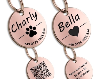 Dog tag with engraving, rose gold, personalized with name, motif, phone number and address | made of stainless steel for dogs, cats and horses.