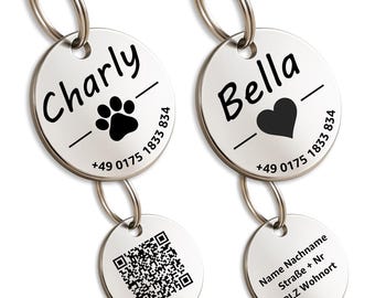 Hundemarke mit Gravur, Silber, mit Name, Motiv, Telefonnummer und Adresse | aus Edelstahl in 2 Größen für Hunde, Katzen und Pferde.