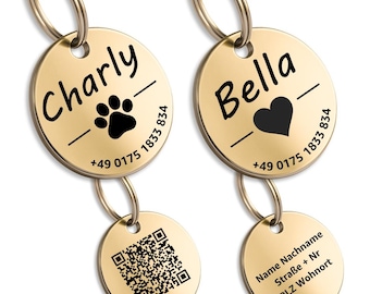 Engraved dog tag, gold, personalized with name, motif, phone number and address | made of stainless steel for dogs, cats and horses.