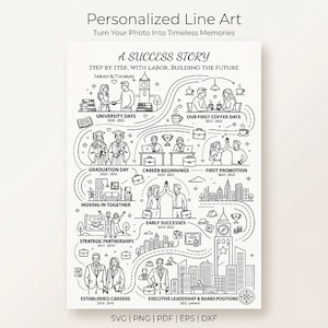 May include: Black and white line art print titled "A Success Story," personalized for Sarah & Thomas. The artwork depicts milestones like university days, career beginnings, and executive leadership, with text and illustrations. Includes SVG, PNG, PDF, EPS, and DXF file formats.