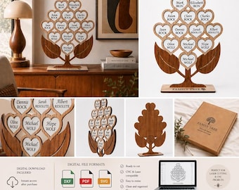 Albero genealogico personalizzato, albero a forma di cuore con nome personalizzato, file per taglio laser CNC PDF DXF SVG, modello di albero genealogico in legno, download digitale