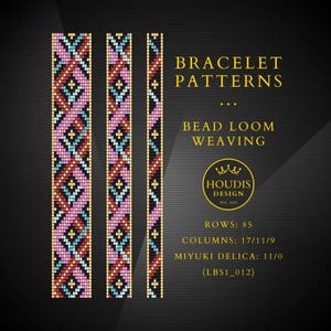 May include: Digital bead loom bracelet patterns with geometric designs in pink, blue, red, and black. The image includes the text "BRACELET PATTERNS" and "BEAD LOOM WEAVING". The design is by Houdis Design.
