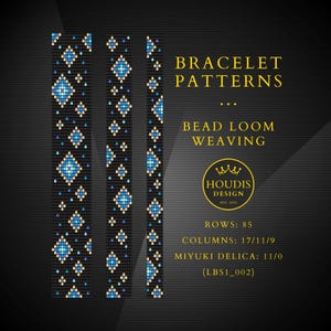 Puede incluir: Fondo negro con tres patrones de pulseras verticales con diseños de diamantes azules y dorados. El texto dice "BRACELET PATTERNS" y "BEAD LOOM WEAVING". Incluye el logotipo "HOUDIS DESIGN" y detalles del patrón.