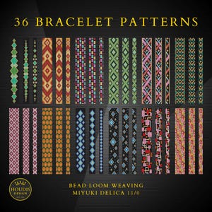 May include: A digital collection of 36 bracelet patterns for bead loom weaving with Miyuki Delica 11/0 beads. The image displays various colourful geometric, diamond, and abstract designs arranged in rows against a dark background with the text 36 BRACELET PATTERNS and HOUDIS DESIGN BEAD LOOM WEAVING MIYUKI DELICA 11/0.