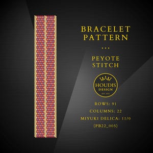 May include: A beaded bracelet pattern in red, white, blue, and gold colors. The pattern is for a Peyote stitch bracelet and includes the text "BRACELET PATTERN" and "PEYOTE STITCH". The design is by Houdis Design.