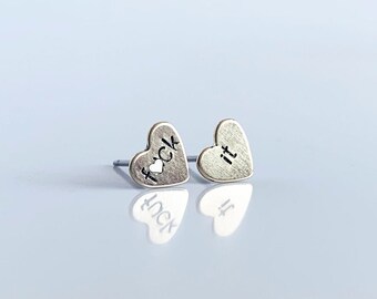 MATURE! fuck it heart studs, Stamped Earrings, Curse Word Earring, F Word Earrings, F Bomb Earring, F Word Jewelry, Eff word jewelry