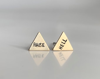 RAISE HELL Earrings, Stamped Earrings Stamped Jewelry Geometric Earrings Triangle Earring Protest Jewelry Triangle Stud Earring Simple Studs