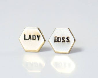 Lady Boss Earrings Boss Lady Girl Boss Boss Babe Hexagon Jewelry Stud Earrings Hand Stamped Earrings Feminist Jewelry Geometric Earrings