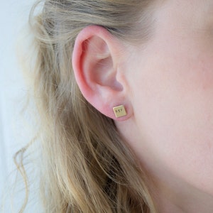 May include: A close-up of a person's ear with a small gold square earring that says "WTF" on it.