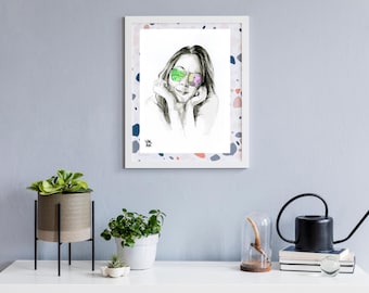 Title ' Pink Glasses' ,  coloured art print from original painting