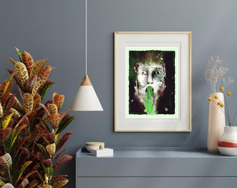 Title ' Crazy head ' ,  coloured aquarelles  art print from original  ink & spray painting